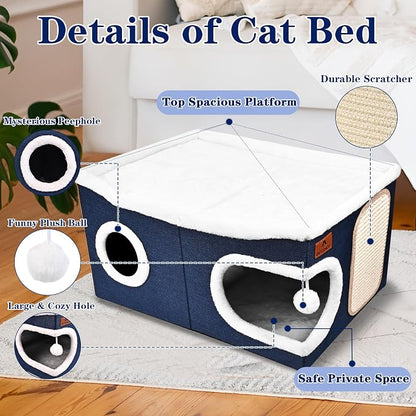 Extra Large Cat Beds for Indoor Cats, Covered Cat Cave Beds & Furniture with Scratch Pad and Fluffy Ball, Foldable Cat Condo Hideaway with Reversible Cushion for Multi Small Pet Large Kittens, Blue