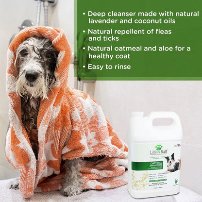 Lillian Ruff Calming Oatmeal Pet Shampoo for Dry Skin & Itch Relief with Aloe & Hydrating Essential Oils - Replenish Moisture & Deodorize - Tearless Dog Shampoo for Normal/Sensitive Skin (Gallon)