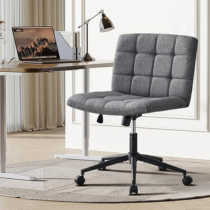 Furnimart Criss Cross Desk Char Wide Seat with Wheels, 360° Swivel Cross Legged Desk Chair Thick Cushion, Comfy Armless Home Office Chair for Bedroom, Vanity, Sturdy (Linen Gray)