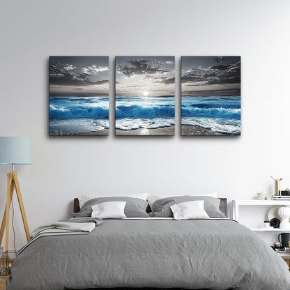 TTHYUEWS Black And White Beach Wall Pictures Wall Decor For Living Room Canvas Wall Art For Bedroom Office Decorations Blue Sea Wave Ocean Paintings Artworks Canvas Art Modern Home Decor 3 Pieces