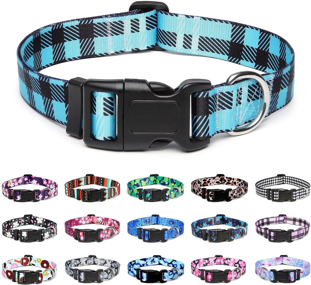 Mercano Adjustable Dog Collar - Special Design Patterns, Soft Nylon Comfortable Durable Pet Collar for Small Medium Large Dogs (M, Blue Plaid)