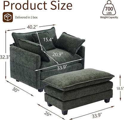 SweetGO corporation 40" Chenille Lounge Chair for Reading, Modern Couch Cozy Sofa Bed, Upholstered Living Room Single Sofa Accent Chair with Ottoman Set of 2, Green