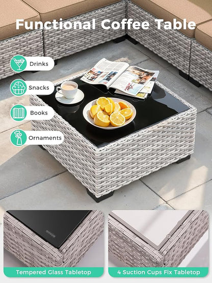 12 Piece Outdoor Wicker Rattan Sectional Sofa Set, 10-Seats Patio Furniture Conversation Set with 4" Thickened Cushions & Coffee Table, All-Weather PE Rattan for Garden, Backyard, Porch, Beige