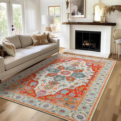 WILLSUN Washable Area Rugs, 3x5 Non-Slip Boho Large Area Rugs for Living Room, Bedroom, Machine Washable Vintage Rug, Indoor Floral Print Carpet for Home Decor, Kid & Pet Friendly Mat