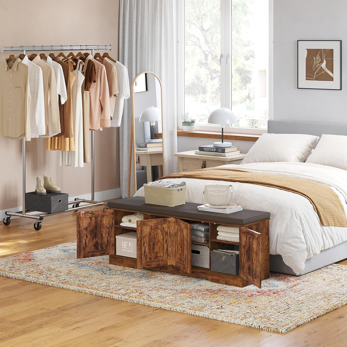 DINZI LVJ Shoe Bench, Entryway Storage Bench with Doors, Cushion, 2-Tier Shoe Rack with 8-Cubby, 47.2”L x 13.8”W Shoe Organizer Cabinet, Adjustable Shelf, Living Room, Bedroom, Rustic Brown