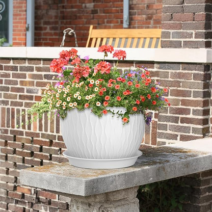 Meowell 12/10/9 inch Large Plant Pots, 3 Pack Wide Flower Pots for Outdoor Indoor Plants with Water Ripples, Big Plastic Planters with Drainage Holes and Saucers for Garden House Plants, White
