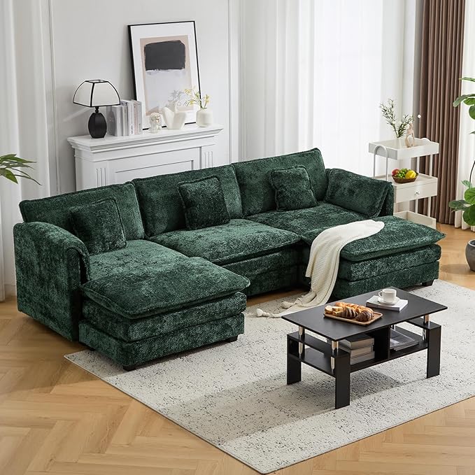 112" U Shaped Modular Sectional Sofa, 3 Seater Comfy Cloud Couch with Movable Ottoman, Deep Seat Couches for Living Room, Bedroom, Apartment (Green)