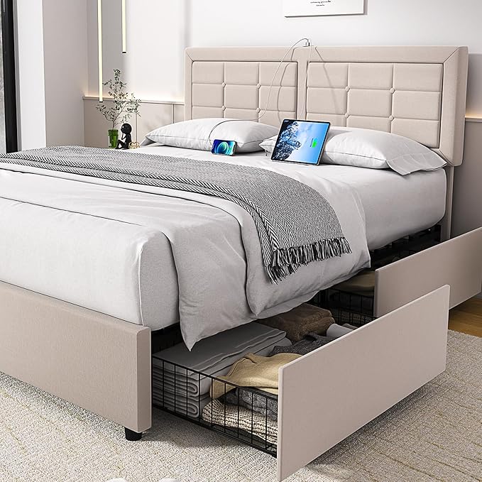 VECELO Full Size Bed Frame with 4 Drawers, Adjustable Tufted Button Headboard, Upholstered Platform with Wood Slats Support, Built-in USB and Type C Ports, Beige