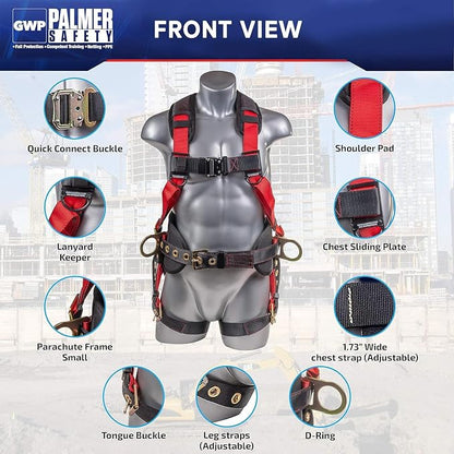 Fall Protection Hammerhead Kit I 5pt Safety Harness, 6' Double Leg Lanyard, 18" D-Ring Extender (Red - MD)