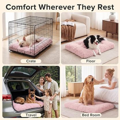 JOEJOY Dog Bed Crate Pad, Deluxe Plush Washable Dog Beds Fulffy Soft Kennel Pad Anti-Slip Pet Sleeping Mat for Medium Small Dogs, 29" x 21", Pink