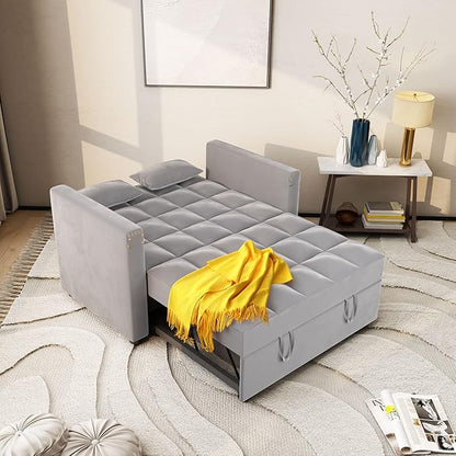 ORRD Convertible Sofa Bed,3-in-1 Multi-Functional Velvet Sleeper Couch Pull-Out 48'' Loveseat Bed Chaise Lounge with Adjustable Backrest and Pillows,Hidden Side Table for Living Room,Small Space Grey