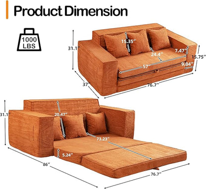 HOMREST 76" Convertible Memory Foam 3-seat Sofa, Pull Out Sleeper Sofa Bed, 2 in 1 Folding Couch Bed, Fold Out Floor Couch Corduroy Fabric with 3 Pillows for Living Room Bedroom Lounge (Brown)
