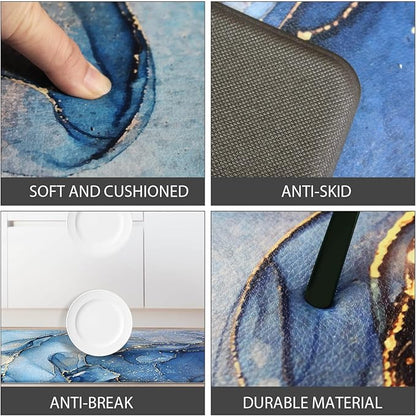 Blue Kitchen Rugs Set of 2 Kitchen Mats Cushioned Anti Fatigue Abstract Gold Marble Kitchen Mat Waterproof Non Slip Comfort Memory Foam Standing Mat for Kitchen Floor