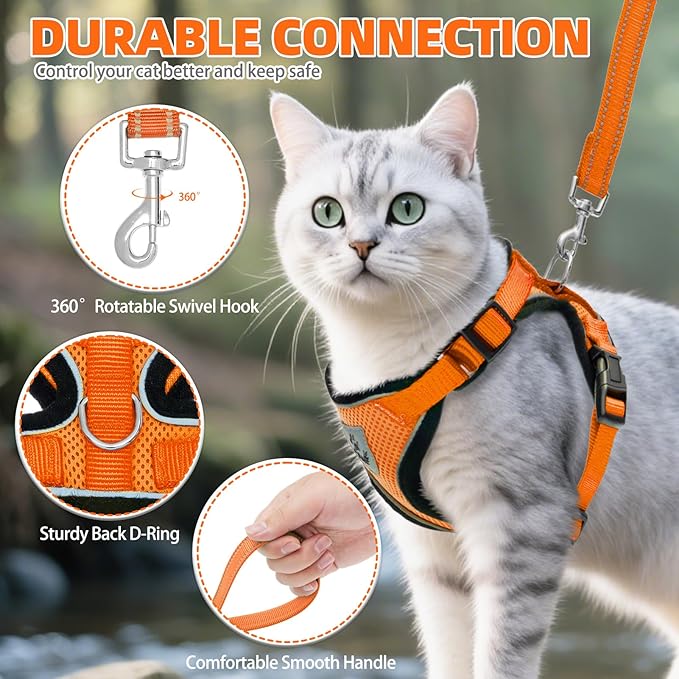 PUPTECK Cat Harness and Leash Set Escape Proof Reflective Cat Walking Harness Adjustable Soft Breathable Mesh Vest for Small Pets, Orange, S