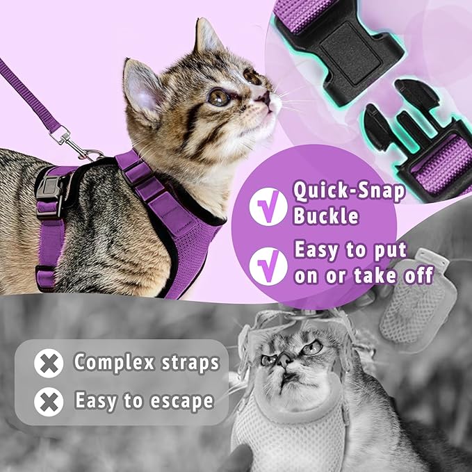 Cat Harness and Leash Set,Escape Proof Adjustable Cat Harness,Soft and Breathable Kitten Harness and Leash with Reflective Strips for Walking and Traveling(Purple, Small(8.9-16.6lb))