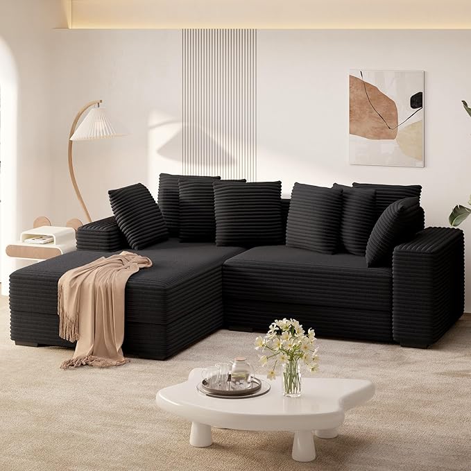 111‘’ Sectional Cloud Couches with L Shaped Chaise, Extra Large Sleeper Couch Reversible Corduroy with 8pcs Pillows for Living Room, Bedroom