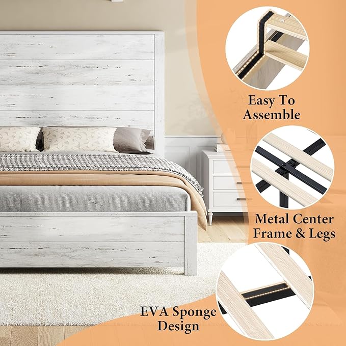 AMERLIFE King Size 51.2" Wood Bed Frame, Rustic Platform Bed with Spliced Headboard, Wood Slats Support/No Box Spring Needed/Noiseless/Antique White