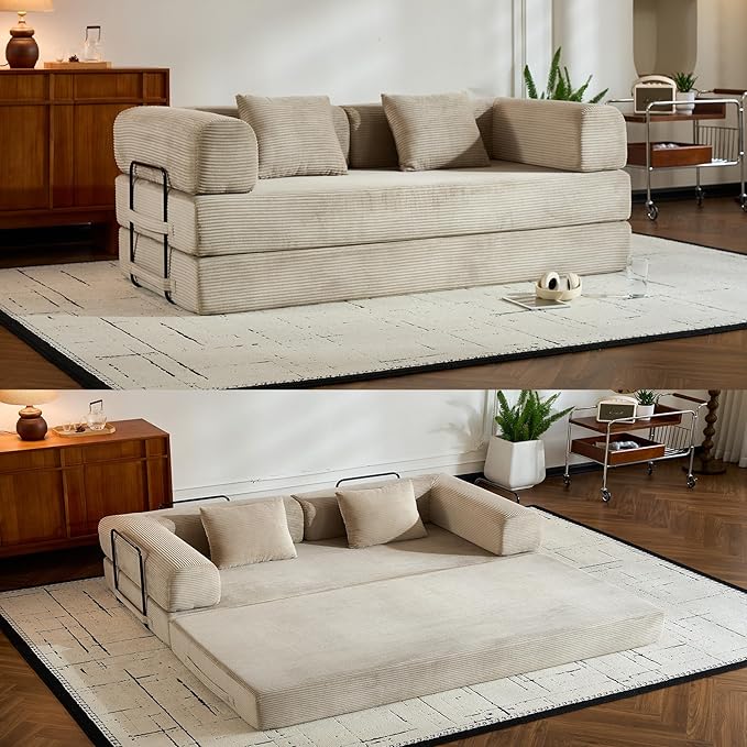 Corduroy Floor Sofa Bed, Convertible Folding Couch Bed with Fixed-Shape Frame and Armrest for Living Room Bedroom Lounge Studio-Beige