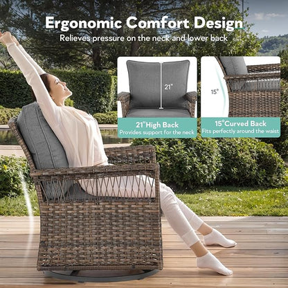 Outdoor Swivel Glider Chairs - 3 Pieces Hollow Widen Armrests Wicker Patio Furniture Set with Side Table, High Back Outside Swivel Rocker for Balcony Porch Deck and Yard - Brown/Gray