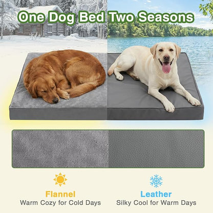 Waterproof Outdoor Dog Bed Large Sized, Washable Crate Pad 35" Orthopedic | Reversible Faux Leather & Flannel, Durable Removable Cover, Pet Bed Foam, Anti-Slip Bottom,Kennel Pad 35"x22" Gray
