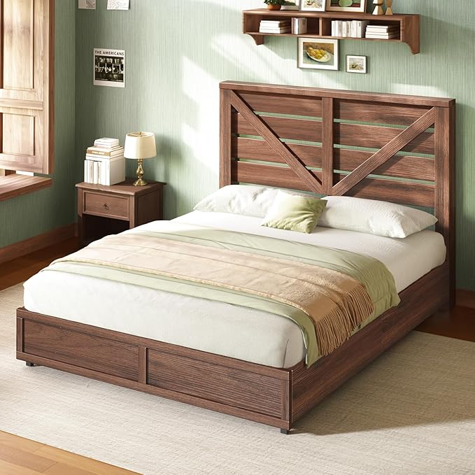 AMERLIFE Full Size Farmhouse Bed Frame with 4 Drawers, Wooden Storage Bed Frame with Headboard and Heavy Duty Metal Slats, Noisy Free, Easy Assemble, Rusric Brown