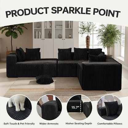 130" Boneless Couch, Cloud Couch Sectional, Corduroy Sofa for Living Room, U Shaped Modular Sofa with Chaise, No Assembly, 4 Seats Oversized (Black)