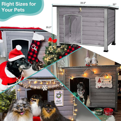 Feral Dog House Outdoor,Anti Bite Iron Frame Dog Kennel,Wood Warm Pets Home,Insulated Weatherproof Outside Shelter for Feral Animal (33.5"(L)×22"(W)×25.2"(H)-Grey-in)