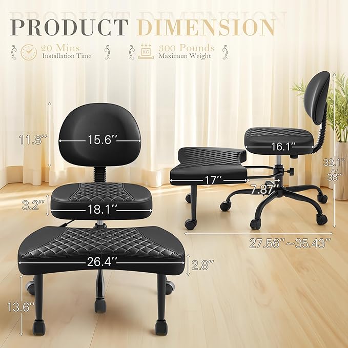 Furmax Ergonomic Criss Cross Legged Office Chair with Wheels, 360°Swivel Adjustable Height Kneeling Desk Chair with Footrest for ADHD, Yoga, Meditation, Home Office (Leather, Black)