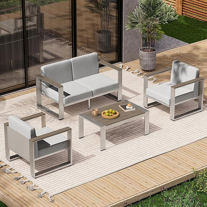 ComfCove Aluminum Outdoor Furniture Set, 4 Seats Outdoor Patio Conversation Sets with Ergonomic Seat and Wide Washable Thick Cushions, Modern Patio Sectional Furniture for Balcony, Porch (Gray)