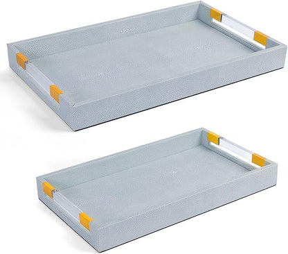 2 Pack Large Ottoman Tray Shagreen Decorative Tray Serving Tray with Acrylic Gold Handles, Ice Blue Vegan Leather Coffee Table Tray for All Occations Home Decor