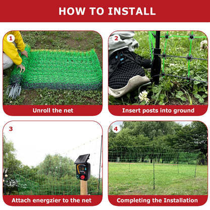 Electric Fence Netting, 164'L x 47.2" H Electric Chicken Fence Kit for Livestock, Farms, Backyards, Garden, Assembled Double Spiked Portable Electric Poultry Farm Fence