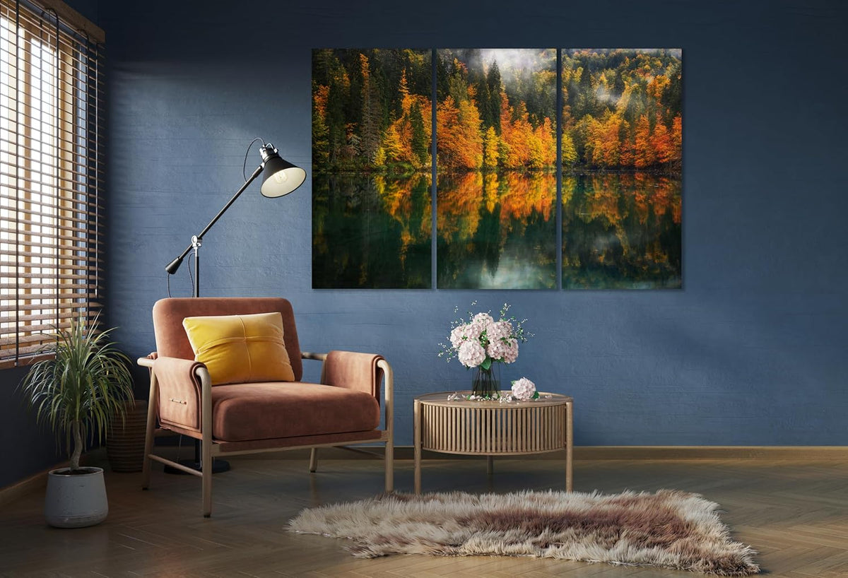 Nature Wall Art Prints - Ocean Forest Mountain Lake Canvas Landscapes - Small to Extra Large Living Room Bedroom Kitchen Bathroom Décor (Autumn by the Lake, 47L" x 71W" - 3 panels)