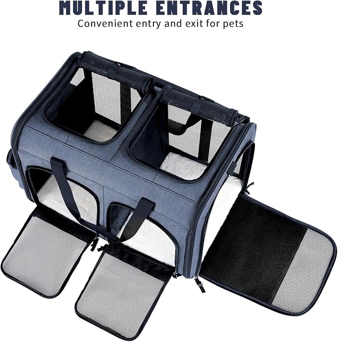 Cat Carrier for 2 Cats, Foldable Double Cat and Dog Carrier, Small to Medium Size, 2 Front Zippered Compartments,Two Pets Carrier for Outdoor Travel,Mulitple Cat Carrier, Grey