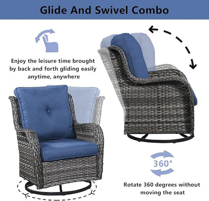 Belord Wicker Outdoor Furniture Patio Furniture Set - 6 Piece Patio Conversation Set with Swivel Rocker Chairs, Loveseat Sofa, Ottomans and Coffee Table, Blue Cushion