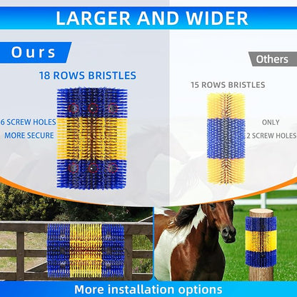 Extra Large Size Livestock Scratching Brush, Upgraded Horse/Goat/Cow/Cattle Scratcher Brush for Grooming, Itch Relief Horse Scratcher Brushes Kit with Two Sets of Mounting Screws(4-Pack,Yellow)