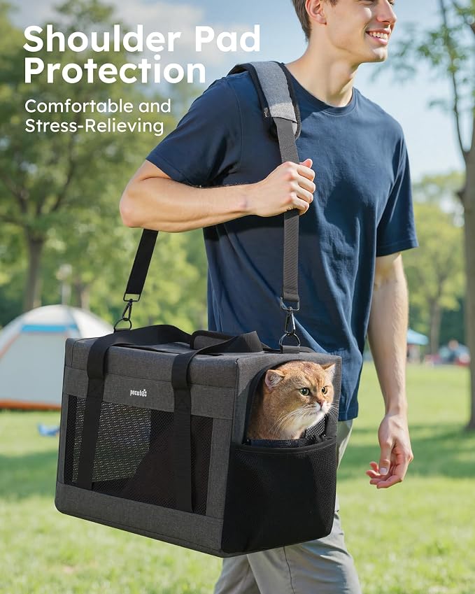Pecute Cat Carrier, Portable Travel Dog Carrier with Stable Structure, Grey | Larger Space, 360° Ventilation & Comfort, Escape-Proof, for Travel / Car Trips / Vet Visits, Fits Cats up to 11 lbs