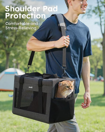 Pecute Cat Carrier, Portable Travel Dog Carrier with Stable Structure, Grey | Larger Space, 360° Ventilation & Comfort, Escape-Proof, for Travel / Car Trips / Vet Visits, Fits Cats up to 11 lbs