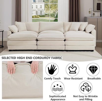 Aoowow Corduroy 3 Seater Sleeper Couch with Ottomans,Large Cloud Couches for Living Room,Tufted Modular Sectional Cloud Sofas Deep Seat,Oversized Chaise Lounge Sofa (Beige, 3 Seater + 3 Ottoman)
