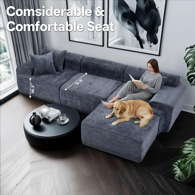 119’’ Modular Sectional Sofa, Cloud Sectional Couch with Deep Seat, Modern Modular Compression Sofa Couch with Chaise, Upholstered Couches, Throw Pillows for Living Room Bedroom, Blue