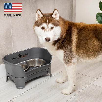 Neater Feeder - Express Model w/ Slow Feed Bowl - Mess-Proof Dog Bowls (M/L, Grey) Made in USA – Elevated, No Spill, Non-Tip, Non-Slip, Raised Stainless Steel Food/Water Pet Bowls Aid Digestion