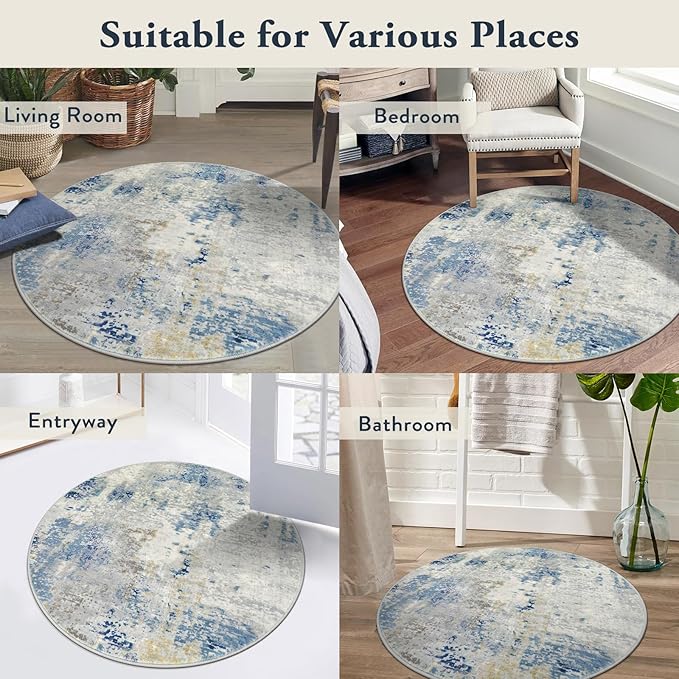 Lahome Modern Abstract Round Rug 3Ft, Blue Washable 3x3 Circle Rugs for Kitchen Entryway Soft Small Bedroom Mat Non Slip, Contemporary Indoor Floor Throw Carpet for Nursery Home Office