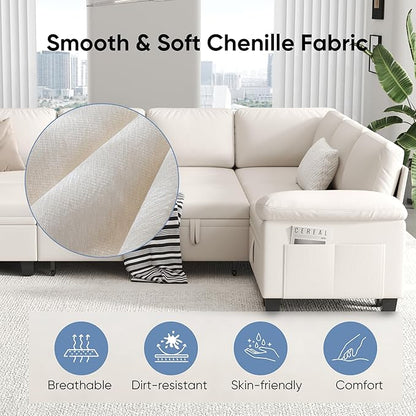 100" Modular Sectional Sleeper Sofa with Pull Out Bed,U Shaped 7 Seat Sectional Sofa with Storage,Modular Couch for Living Room,Deep Seat Couch with Removable Sofa Cover,Beige