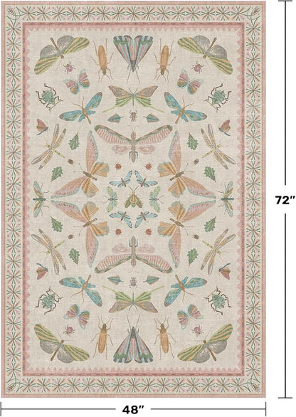 Neutral Girl Nursery Rug 4x6 - Beige & Pink Rugs for Bedroom, Living Room - Washable Low Pile Non-Slip Charming Insect Print Vintage Girly Design, Perfect for Kids Rooms