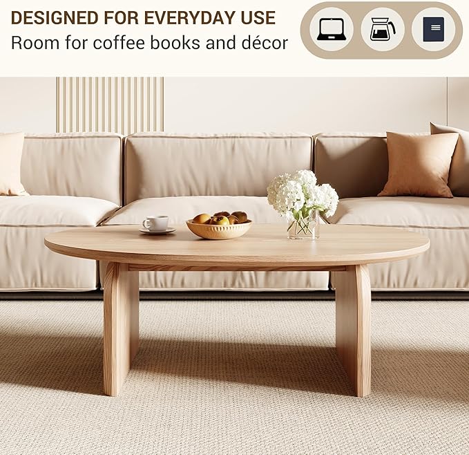 Honyee Modern Oval Coffee Table, Small Coffee Tables for Living Room - Oak Wood Top with Solid Legs, Wooden Center Table Easy Assembly for Living Room &Bedroom,Office, Natural