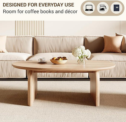 Honyee Modern Oval Coffee Table, Small Coffee Tables for Living Room - Oak Wood Top with Solid Legs, Wooden Center Table Easy Assembly for Living Room &Bedroom,Office, Natural