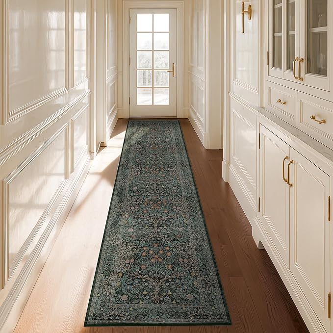 Washable Dark Green 2x10 Runner Rug for Hallway, Kitchen, 10 ft Non Slip Stain Resistant Extra Long Soft Rugs, Vintage Floral Unique Botanical Floor Mat