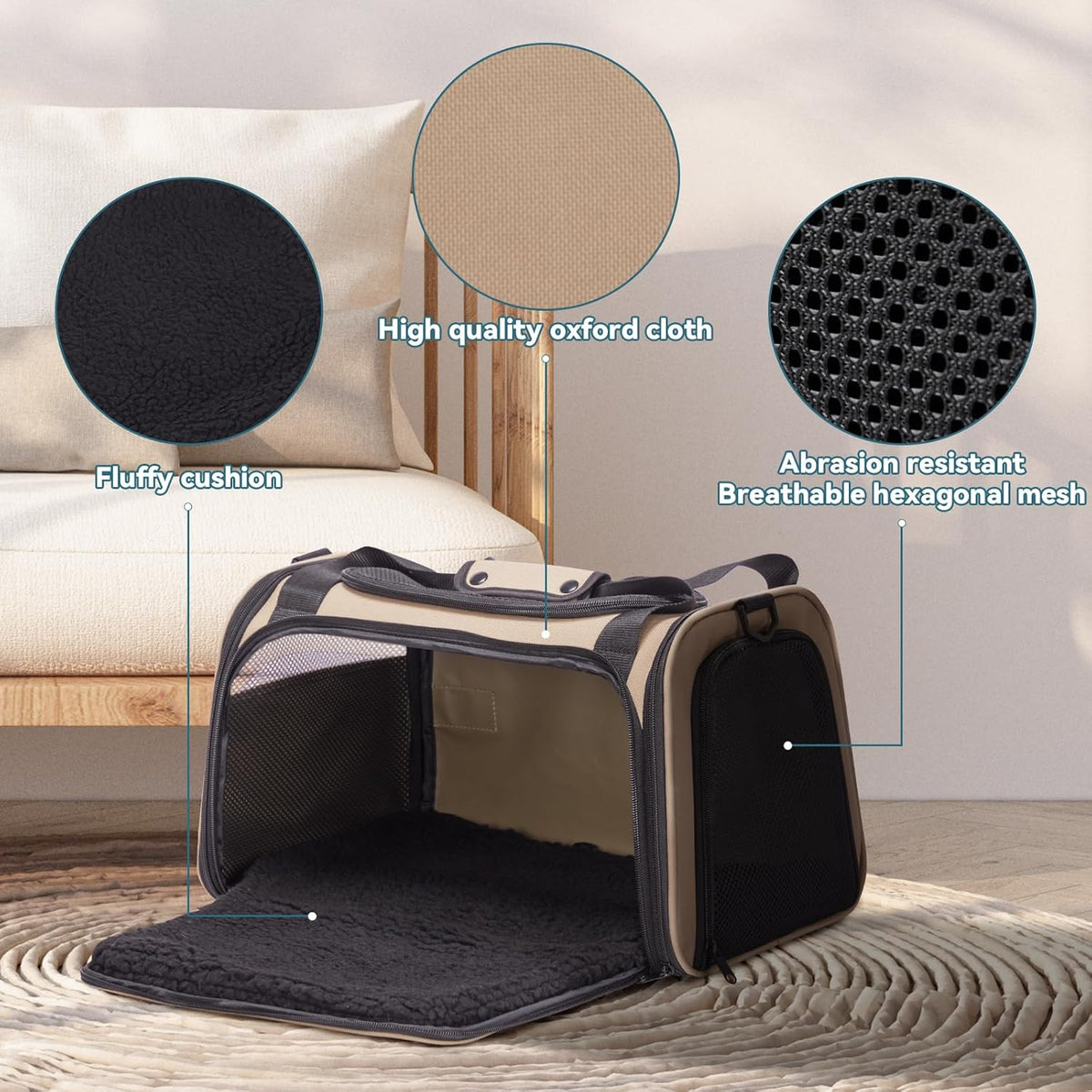 PETSFIT Pet Carrier for Cat, Small Dogs, Dog Carrier Airline Approved, TSA Approved Soft Cat Carrier for Travel, Small Animal Carrier for Pets Under 12 Lbs, Khaki