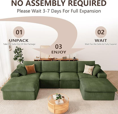 136" Cloud Modular Sectional Sofa with 1 Ottoman, Modern Upholstered Corduroy Couches, Comfort U Shaped Sofa for Living Room, Deep Seat Boneless Couch, No Assembly Required(Green,Left Facing Chaise)