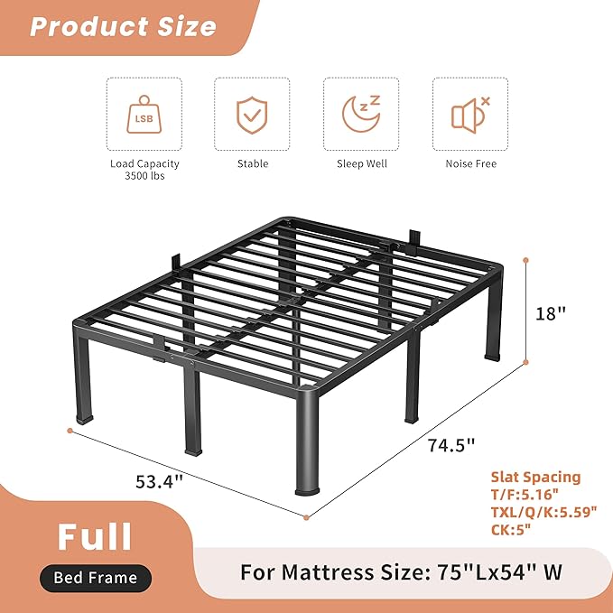 18 Inch Full Heavy Duty 3500 lbs Bed Frame with Round-Corner Legs & Anti-Squeak Design – Quick Assembly Metal Platform, No Box Spring Needed