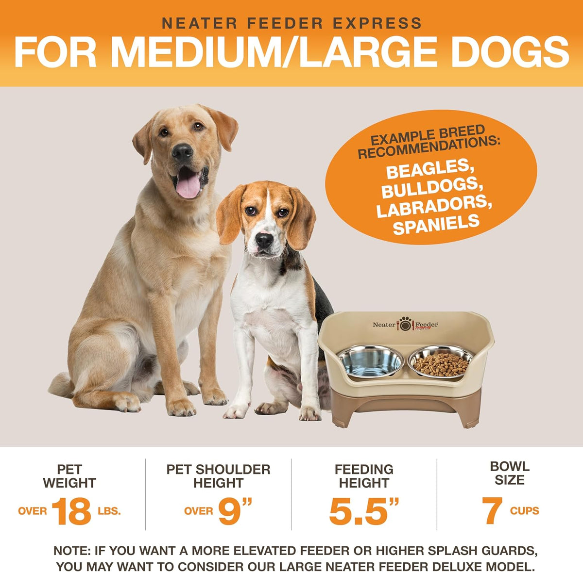 Neater Feeder Express Mess Proof Dog Bowls Elevated for Medium to Large Sized Breed, No Spill Raised Dog Food Bowl Stand, Stainless Steel Food and Water Bowl Set, Pet Dish Feeding Station, Cappuccino